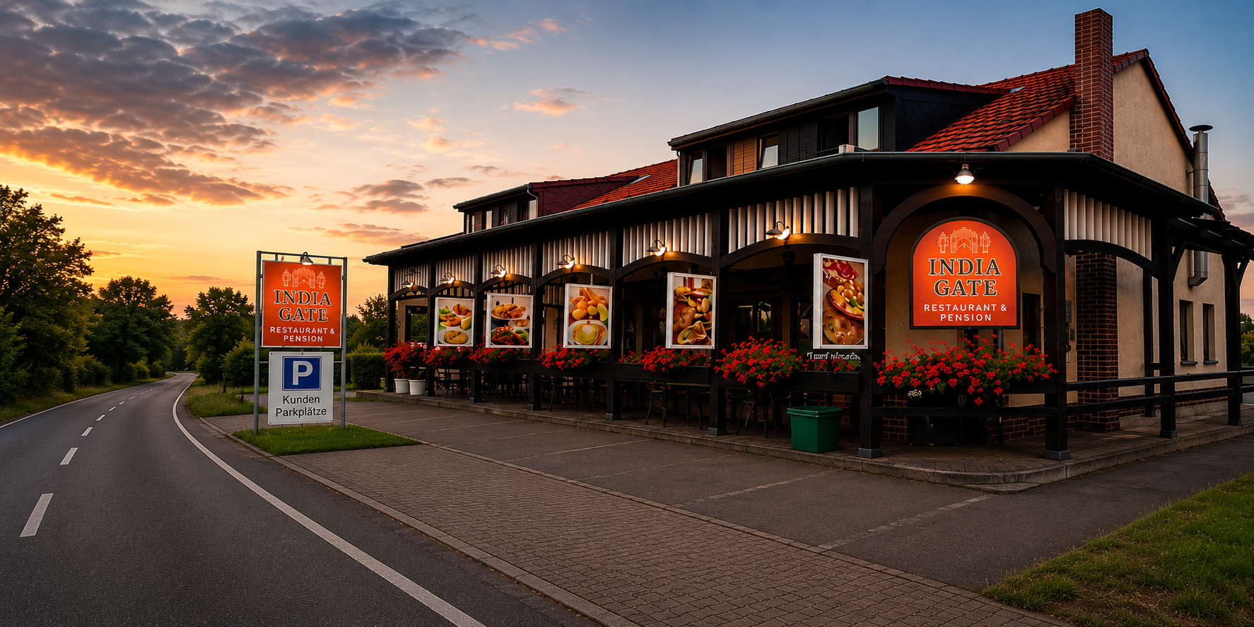 India Gate Restaurant in Heideblick mit Hauptgebäude, Anzeigetafel und Werbung